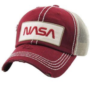 New! Nasa Vintage Distressed Patch Red Hat